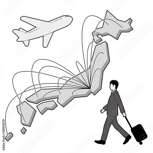 飛行機で出張するビジネスマン