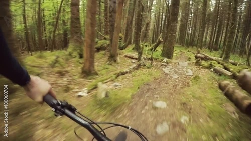 Cropped Pov Shot Of Mountain Biker Riding Bicycle In Woods