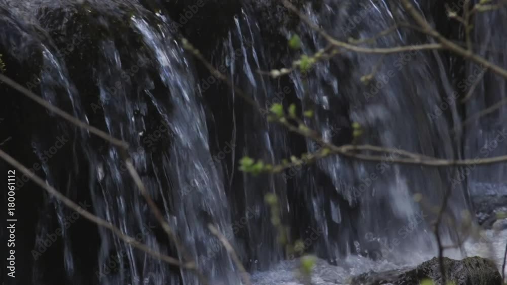 Rack Focus Of Small Waterfall And Branches In Forest Rack Focus Of Small Waterfall And Branches In Forest