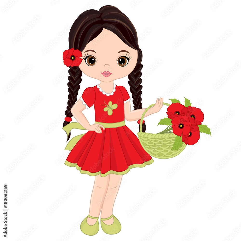Vector Cute Little Girl with Basket of Poppies