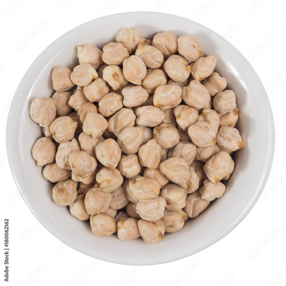 Top view of grains on ceramics bowl. Chickpeas
