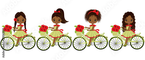 Vector Cute Little African American Girls Riding Bicycles