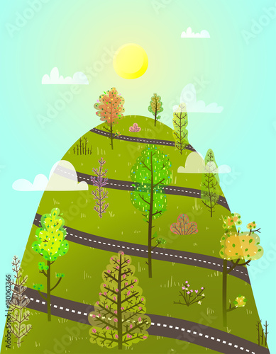 Cartoon uphill forest road scenery. Vector illustration.