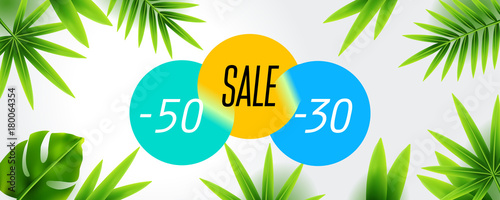 Summer sale discount End of season banner design with tropical foliage, vector illustration background. Can used for gift voucher, poster, advertising social media and cover magazine promotion. photo