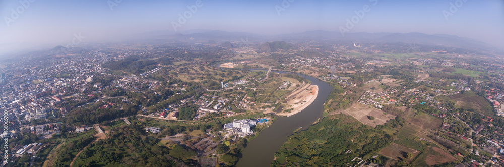 Wide Aerial Panorama Of River Kok And Chiang Rai City In Northern Thailand