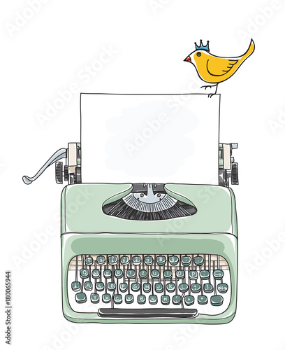 typewriter portable retro with paper and  yellow bird  hand drawn vector art illustration