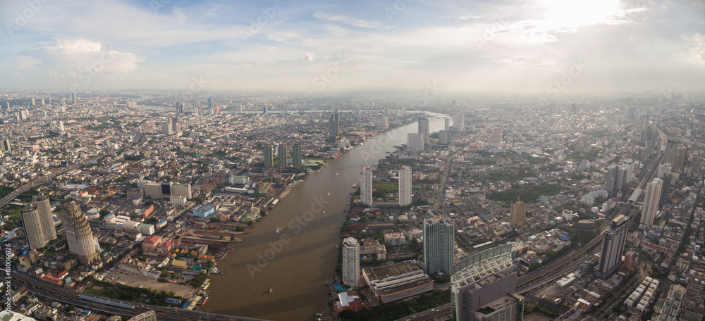 Aerial Panorama Over The Chao Phraya River In Bangkok, Thailand