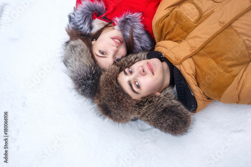 Loving couple of teenagers. Winter