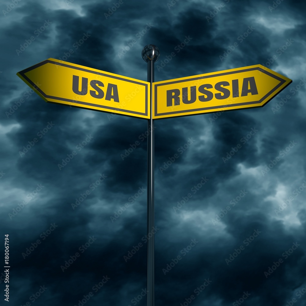 3d rendering of road signs with USA and RUSSIA text pointing in opposite directions. Image relative to politic situation between USA and Russia. 3d rendering of road signs with USA and RUSSIA text pointing in opposite directions. Image relative to politic situation between USA and Russia.