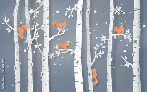 Winter Forest with Red Squirrels in Birch Trees