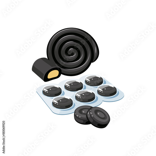 Cough drops. Sore throat remedy, package of black lozenges, licorice. Vector illustration cartoon flat icon isolated on white.
