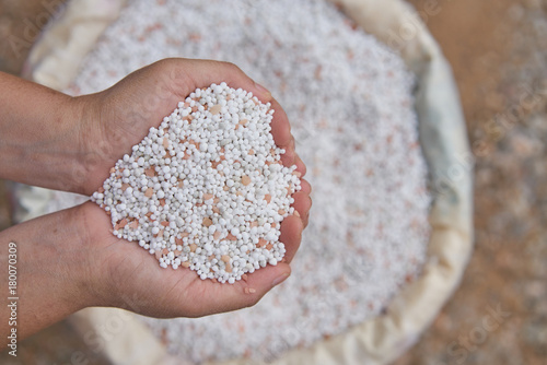  close up woman farmer hand hold chemical Fertilizer over sacks