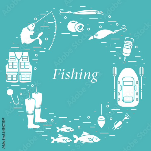 Different tools for fishing arranged in a circle.