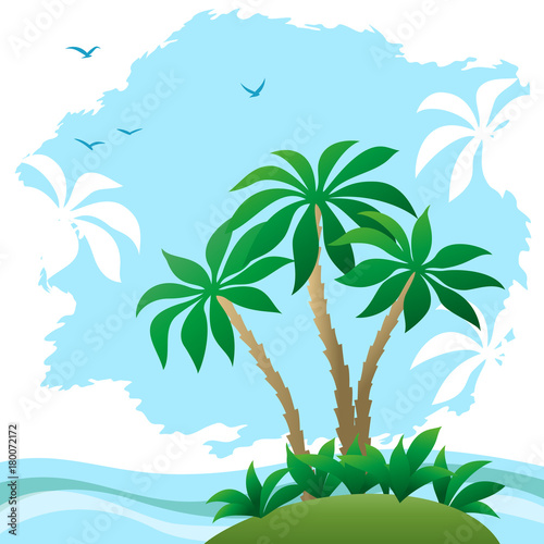 Exotic Landscape  Sea with Waves  Tropical Island  Beach with Palm Trees  Green Grass and Clouds Palms Silhouettes and Birds on Blue Sky. Vector