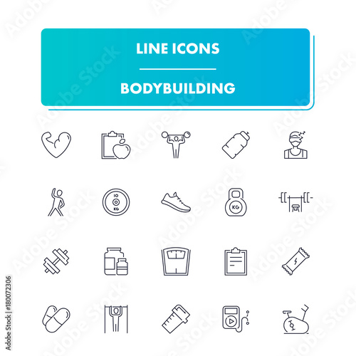 Line sport icons set. Bodybuilding