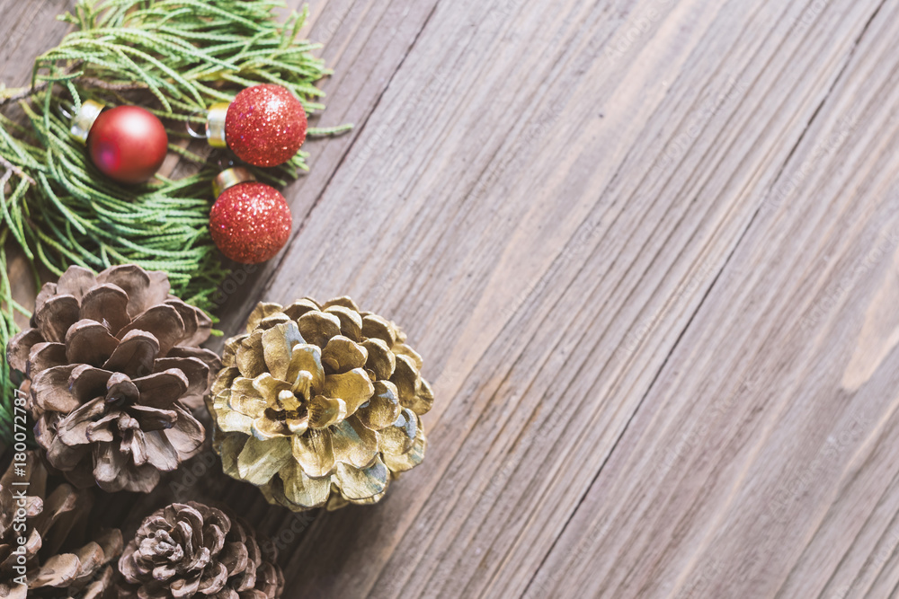 Pine cones ,Christmas party accessories on wooden table