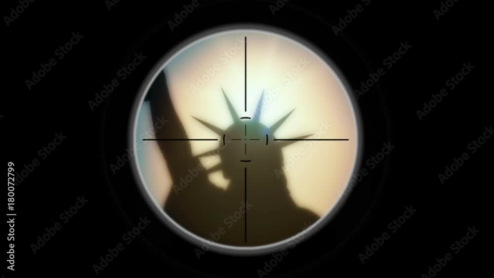 A sniper scope pointing at the silhouette of the statue of Liberty.
A sniper scope pointing at the silhouette of the statue of Liberty.