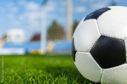 Closeup of a Soccer Ball and Goalpost © BillionPhotos.com