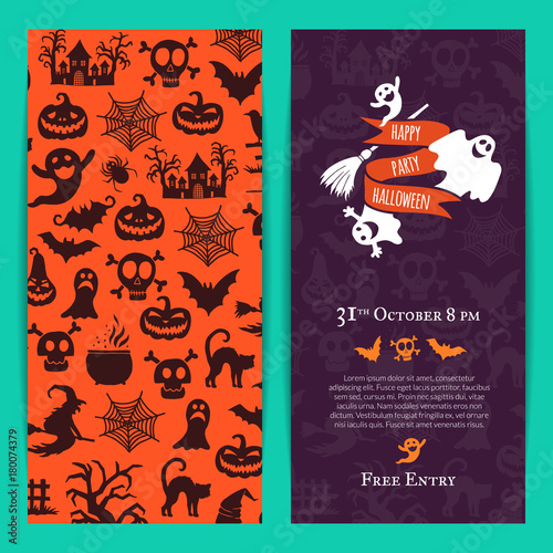 Vector halloween party thin invitation card template with creepy witches, pumpkins, ghosts