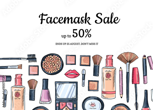Vector hand drawn makeup products sale background