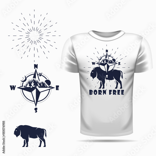 t-shirt design with Vector bison silhouette view side and compass
