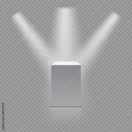 Museum pedestal, white empty 3d podium and spotlights