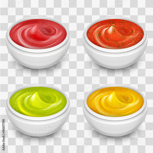 Different gourmet sauces, mustard, ketchup, soy, marinade isolated on transparent background