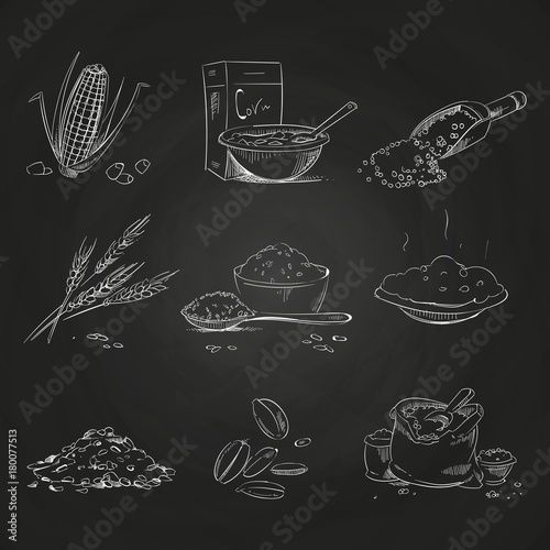 Doodle cereals groats and porridge, muesli and cornflakes, oat and rye, wheat and barley, millet and buckwheat, rice and corn on blackboard