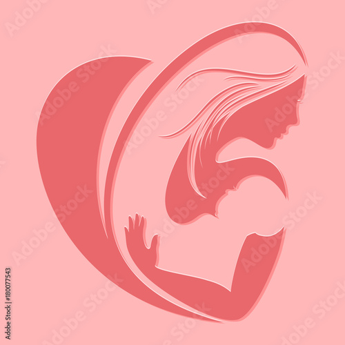 Motherhood silhouette emblem on pink background
