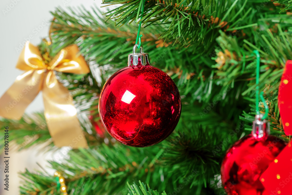 Christmas tree with ornaments, close-up Christmas tree with ornaments, close-up