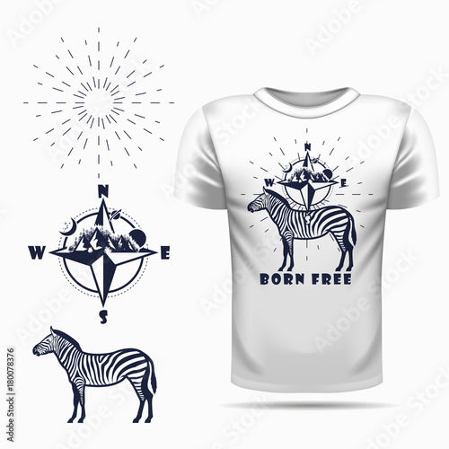 t-shirt design with Vector zebra silhouette view side and compass
