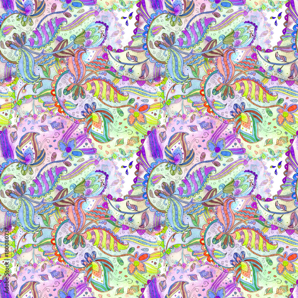 Naklejka premium bizarre seamless texture with ethnic floral pattern. watercolor painting