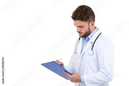 Male Doctor standing with folder, isolated on white background © FS-Stock