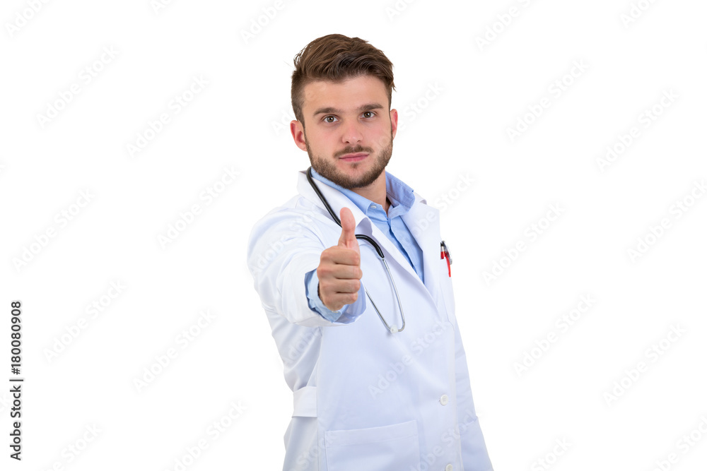 Successful young handsome and stylish bearded doctor in white uniform standing at white background with thumbs up. Successful young handsome and stylish bearded doctor in white uniform standing at white background with thumbs up.