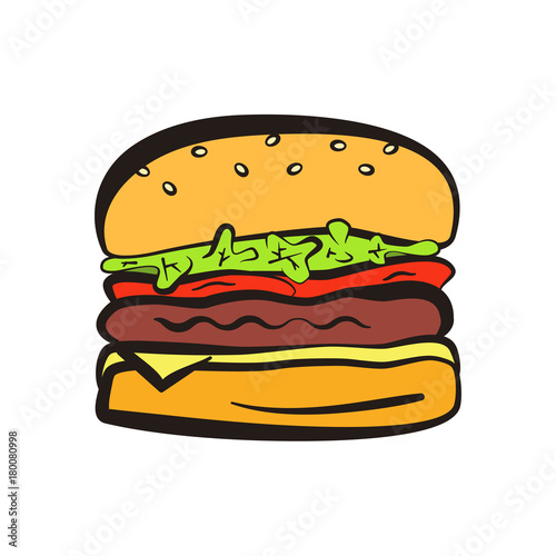 Cartoon colorful hamburger symbol with black outline. Comic flat linear burger icon for fast food restaurant or cafe menu, advertisement, banners