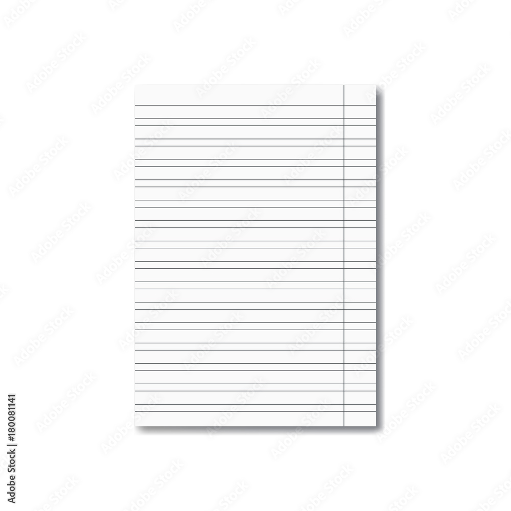 Vector realistic elementary school copy-book worksheet with shadow and red margin, handwriting manual. Blank lined notebook or copybook sheet mockup or template Vector realistic elementary school copy-book worksheet with shadow and red margin, handwriting manual. Blank lined notebook or copybook sheet mockup or template