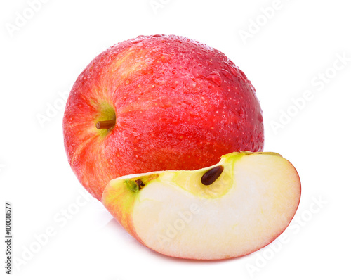 whole and slice of fresh gala red apple with drop of water  isloated on white background