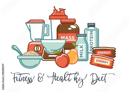 Fitness food and sports healthy diet nutrition products supplements vector poster