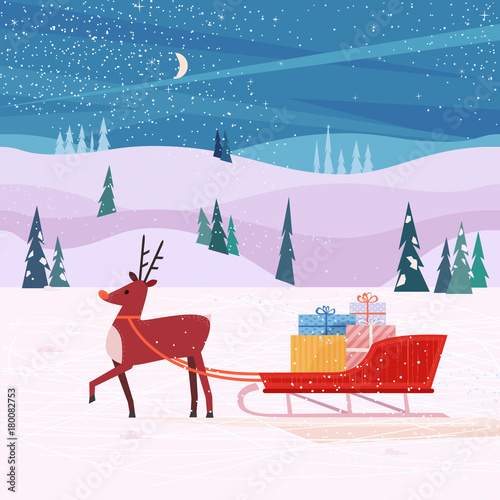 Santa Sleigh and deer poster. Cheerful Reindeer, Christmas snow sledge, gift present boxes. Colorful cartoon. Design for winter holiday season new year event greeting card, banner. Vector illustration