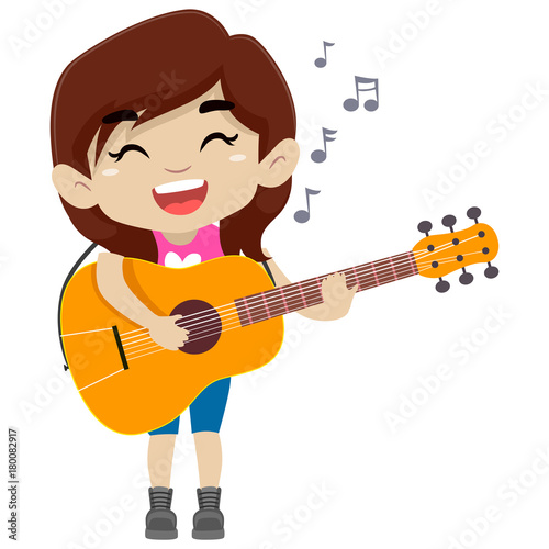 Vector Illustration of Kid Girl Holding and Playing a Guitar