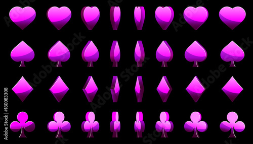 Violet 3D symbols poker cards, vector animation game rotation