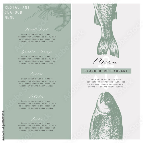 Hand drawn fish illustration. Vector template with hand drawn seafood illustration Vintage card or flyer design with sea food and seaweeds sketch. Restaurant menu.