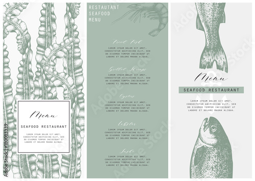 Hand drawn fish illustration. Vector template with hand drawn seafood illustration Vintage card or flyer design with sea food and seaweeds sketch. Restaurant menu.