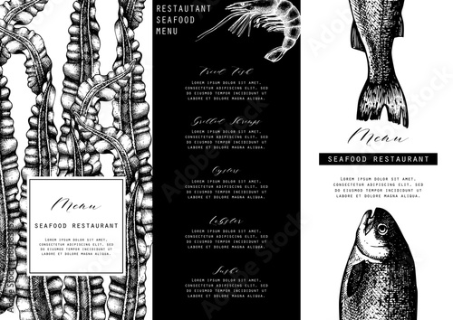 Hand drawn fish illustration. Vector template with hand drawn seafood illustration Vintage card or flyer design with sea food and seaweeds sketch. Restaurant menu.