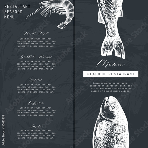 Hand drawn fish illustration. Vector template with hand drawn seafood illustration Vintage card or flyer design with sea food and seaweeds sketch. Restaurant menu.