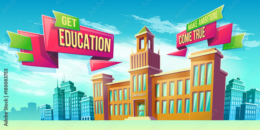 Vector cartoon illustration, banner, educational background with building educational institution and space for your text. Advertising poster, brochure, flyer for a prestigious university
