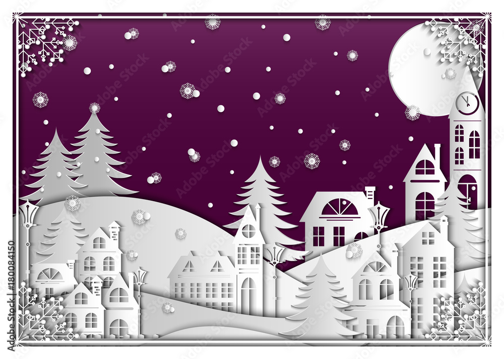 Vector illustration of winter city, village at night decorated with frame with snowflakes. for Christmas and Happy New Year. Paper cropped art style.