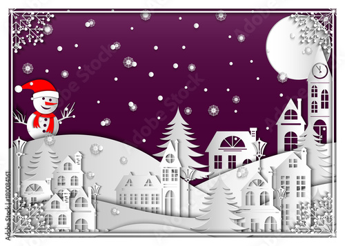 The snowman looks at the winter night city, vilage. Vector illustration for Merry Crictmas and Happy new year. Peper cut art style.