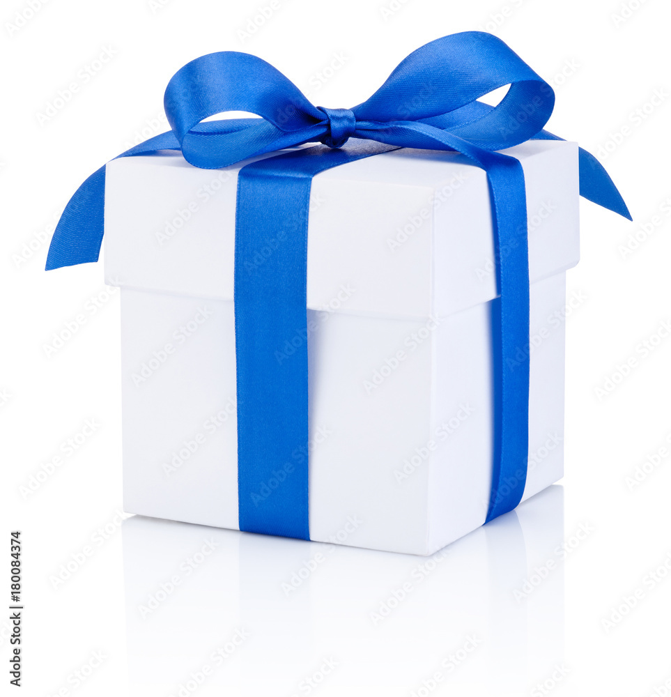 White gift box tied blue ribbon Isolated on white background Stock Photo