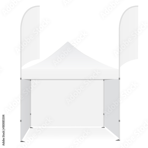 Promotional outdoor pop up canopy tent with flags banners isolated on white background. Blank advertising mockups for design or branding. Vector illustration